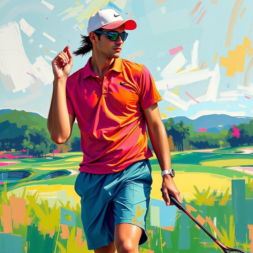 Tennis Player on Golf Course in Abstract Expressionism Style