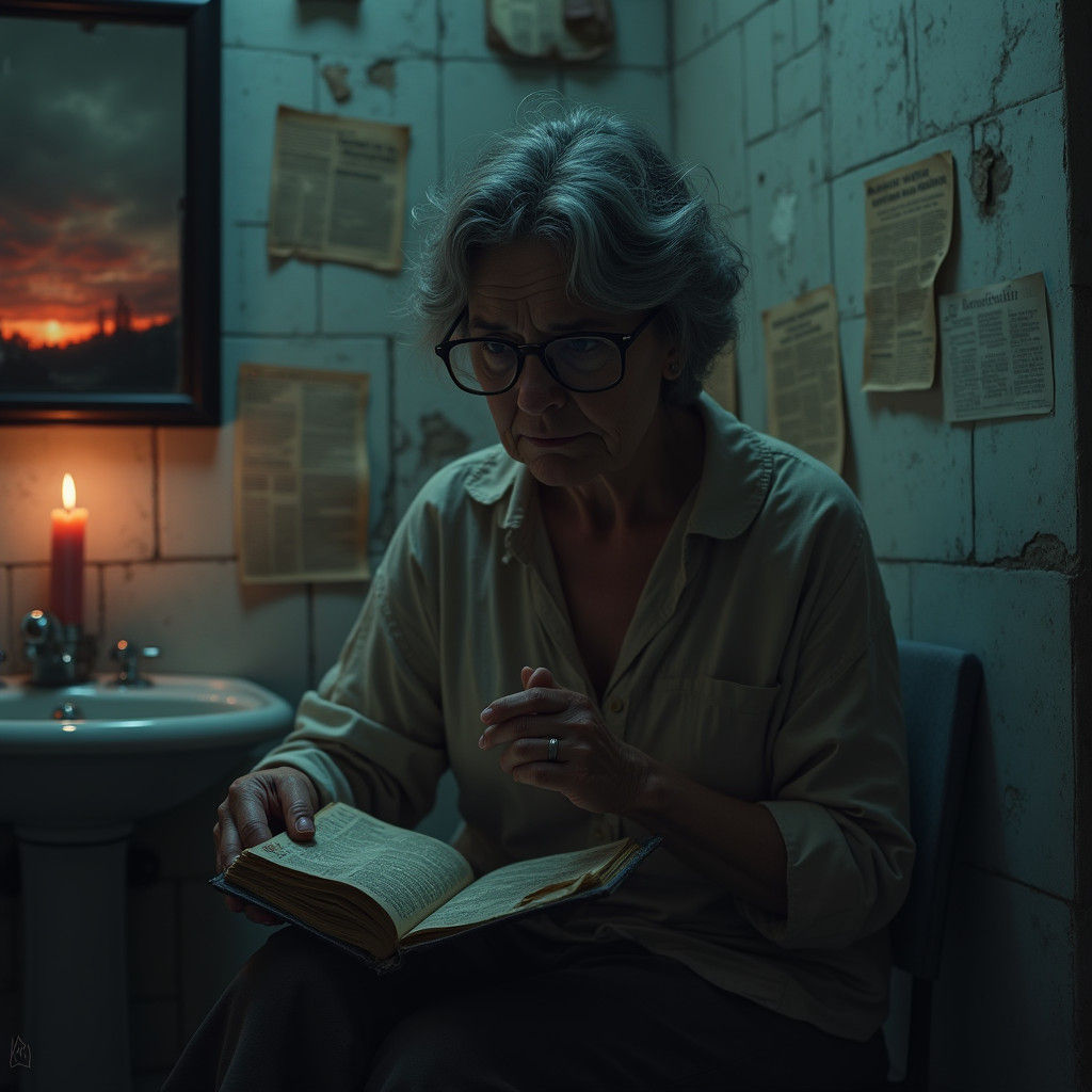 Weary Researcher Surrounded by Environmental Ruin