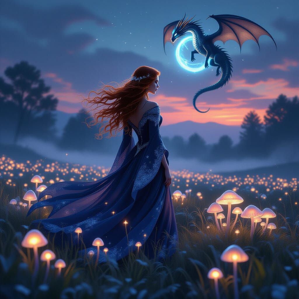Sorceress and Dragon in Bioluminescent Twilight