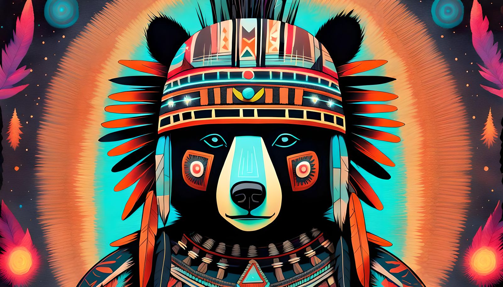 Wise Navajo Bear Kachina Doll in Neon Style