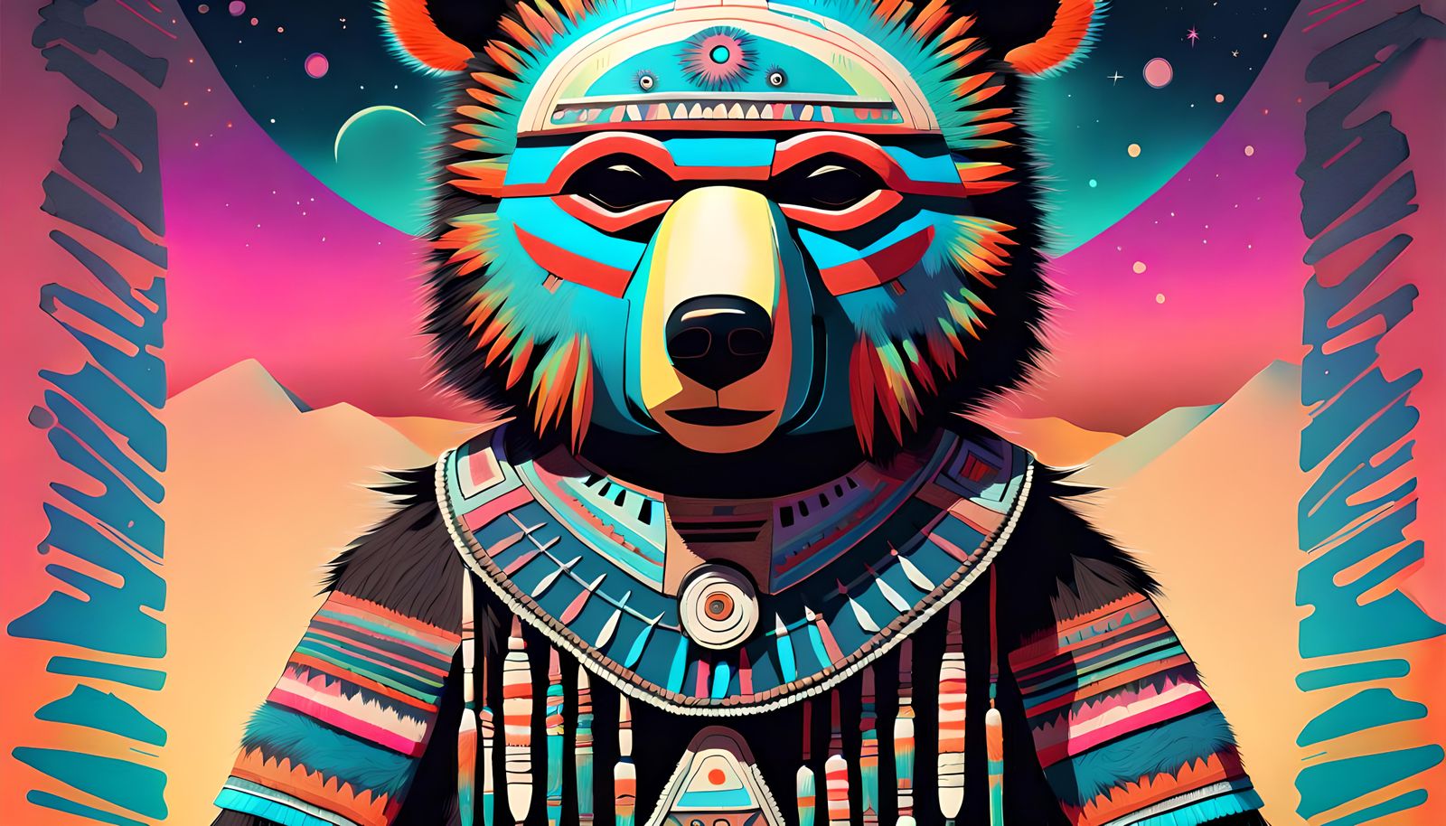 Neon Navajo Bear Kachina Doll: Desert Masterpiece
