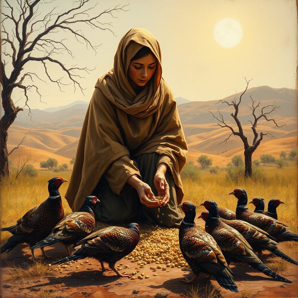 Earth-Toned Middle Eastern Peasant with Pheasants in a Sun-D...
