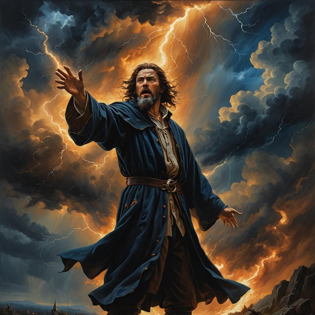Wizard in Thunderstorm, Oil Painting Inspired by Caravaggio