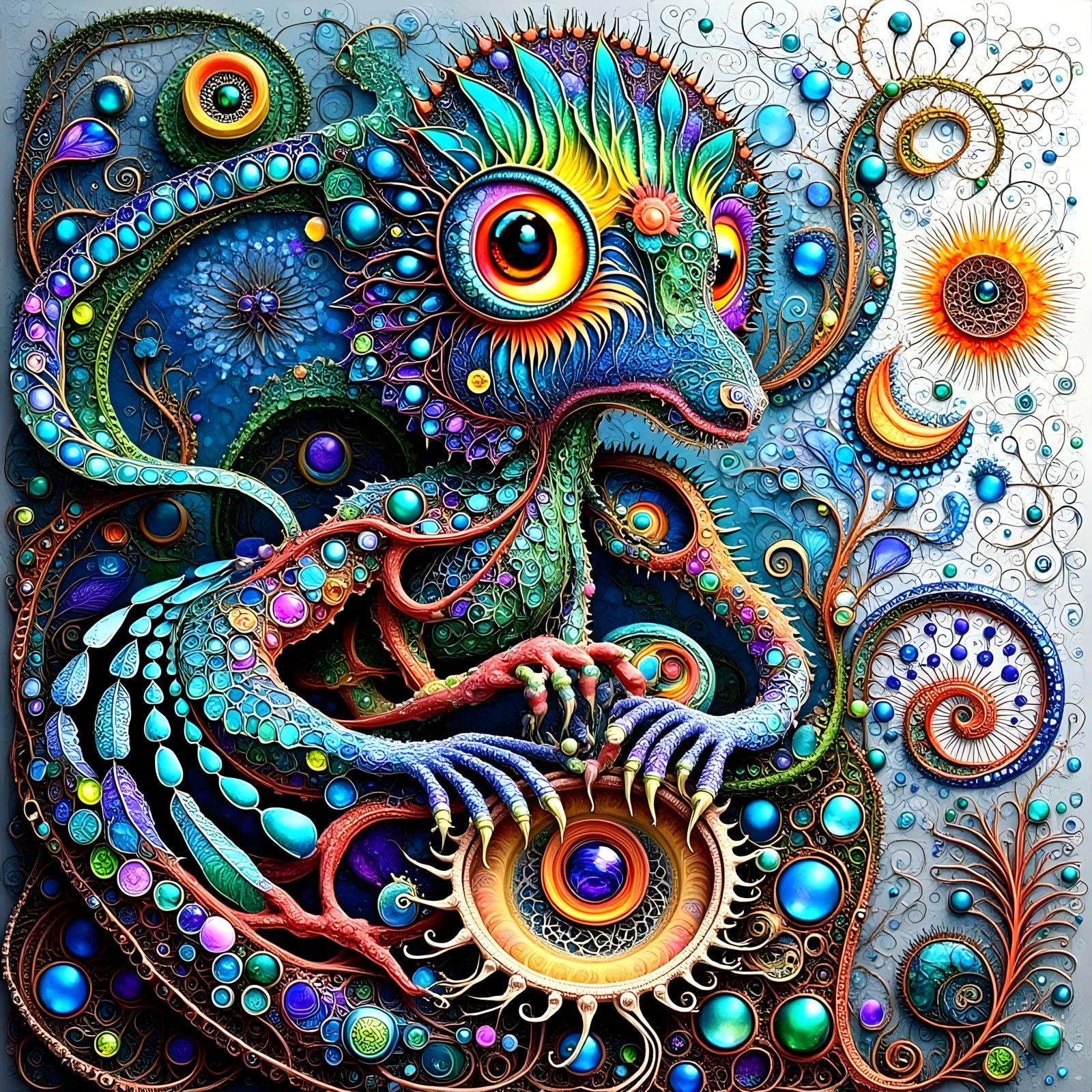 Whimsical Creature Playing Rainbow Djembe Drum