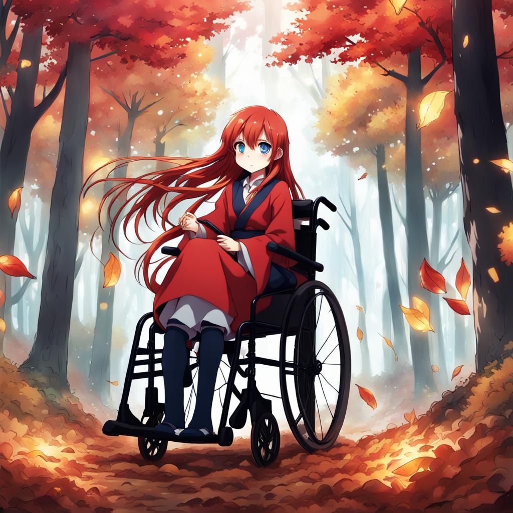 Anime Girl in Wheelchair Casts Magic in Autumn Forest