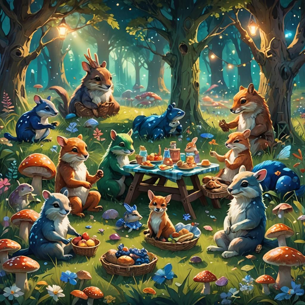 Animals' Whimsical Picnic in Fantasy Meadow