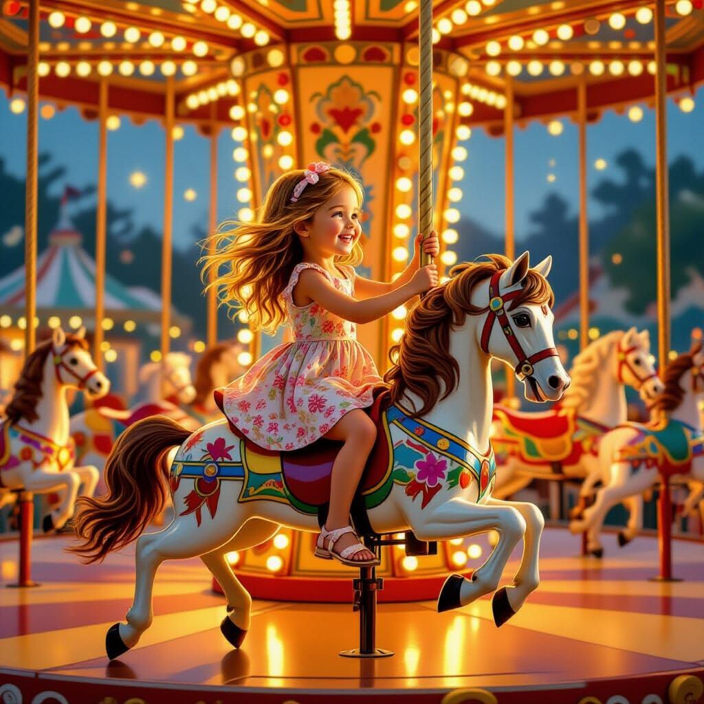Joyful Girl Rides Carousel Horse in Magical Fairground