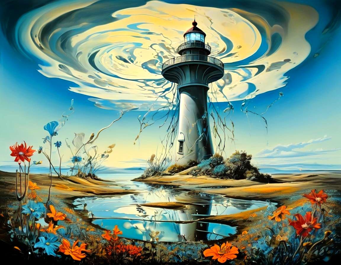 Surreal Landscape with Elastic Flora and Vortex Lighthouse