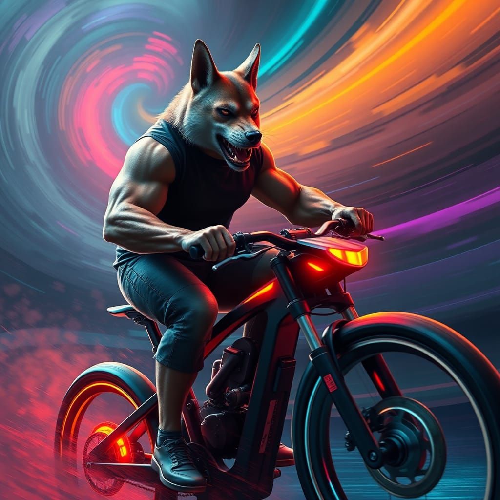 Muscular Dog Bodybuilder Rides Neon Racing Bicycle