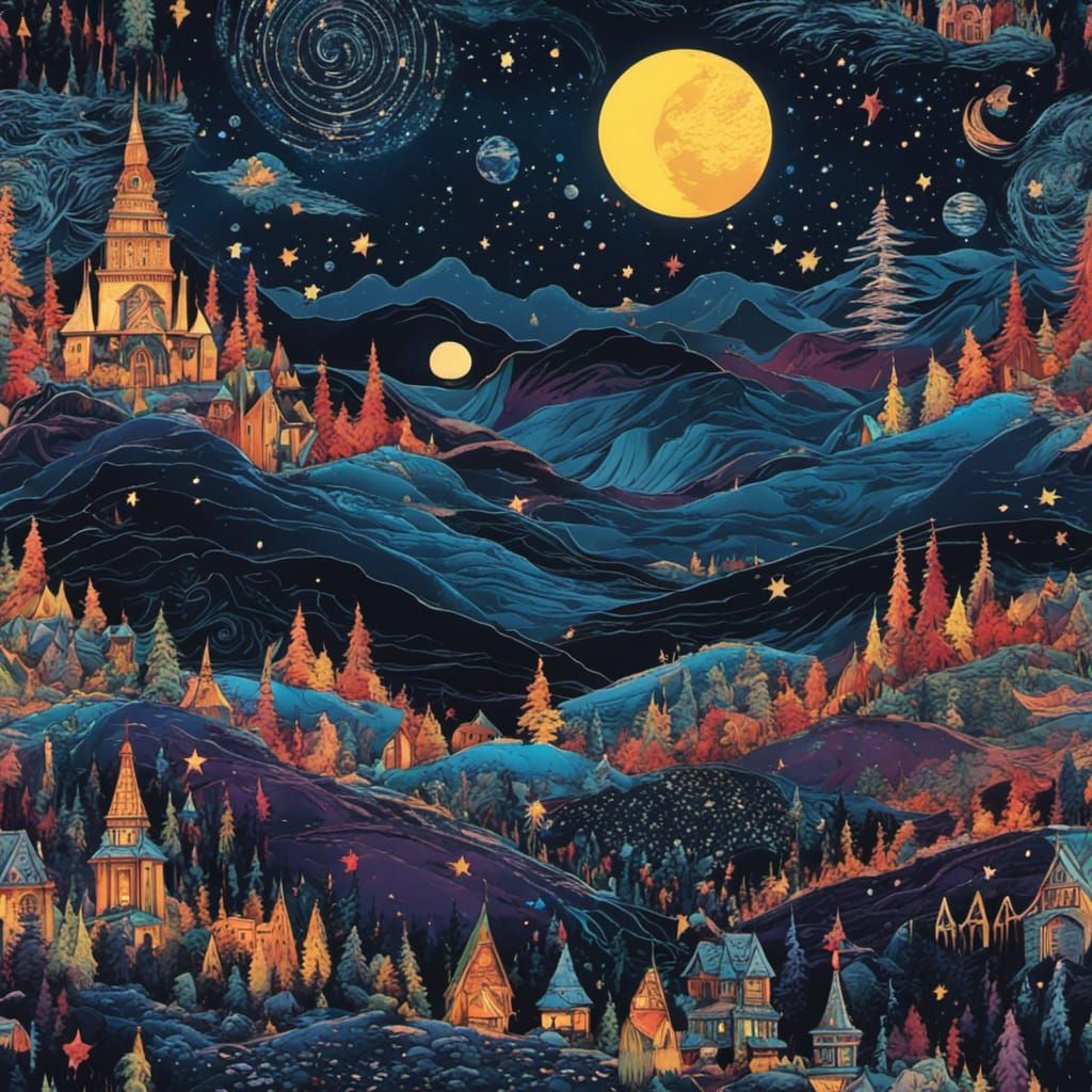 High Gothic Midnight Sky in Tim Burton Style