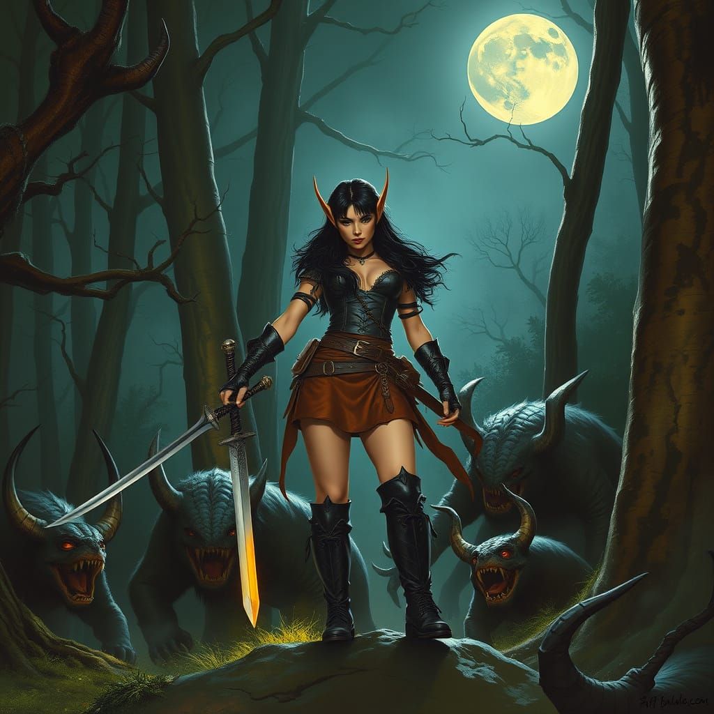 Goth Elf Warrior in Enchanted Forest, Fantasy Art