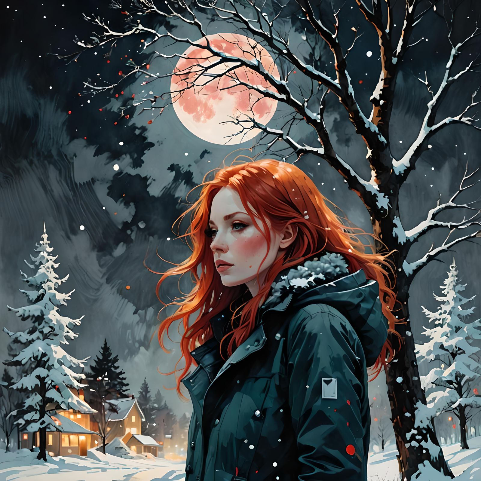 Red-Haired Woman Under Moonlight: Dreamy Winter Art
