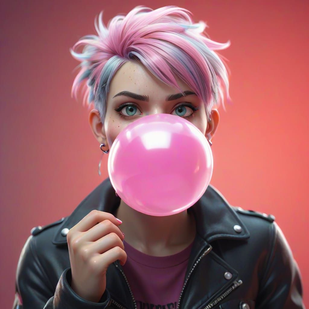 Reimagined Punk Girl Blows Bubblegum Bubble in Cinematic 4K