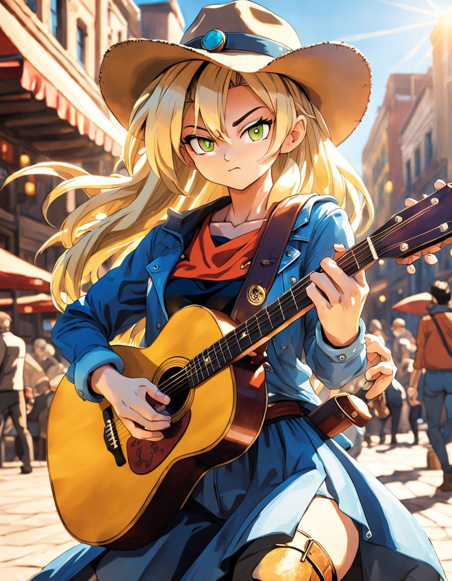 Anime Cowgirl Plays Guitar in Dragon Ball Style