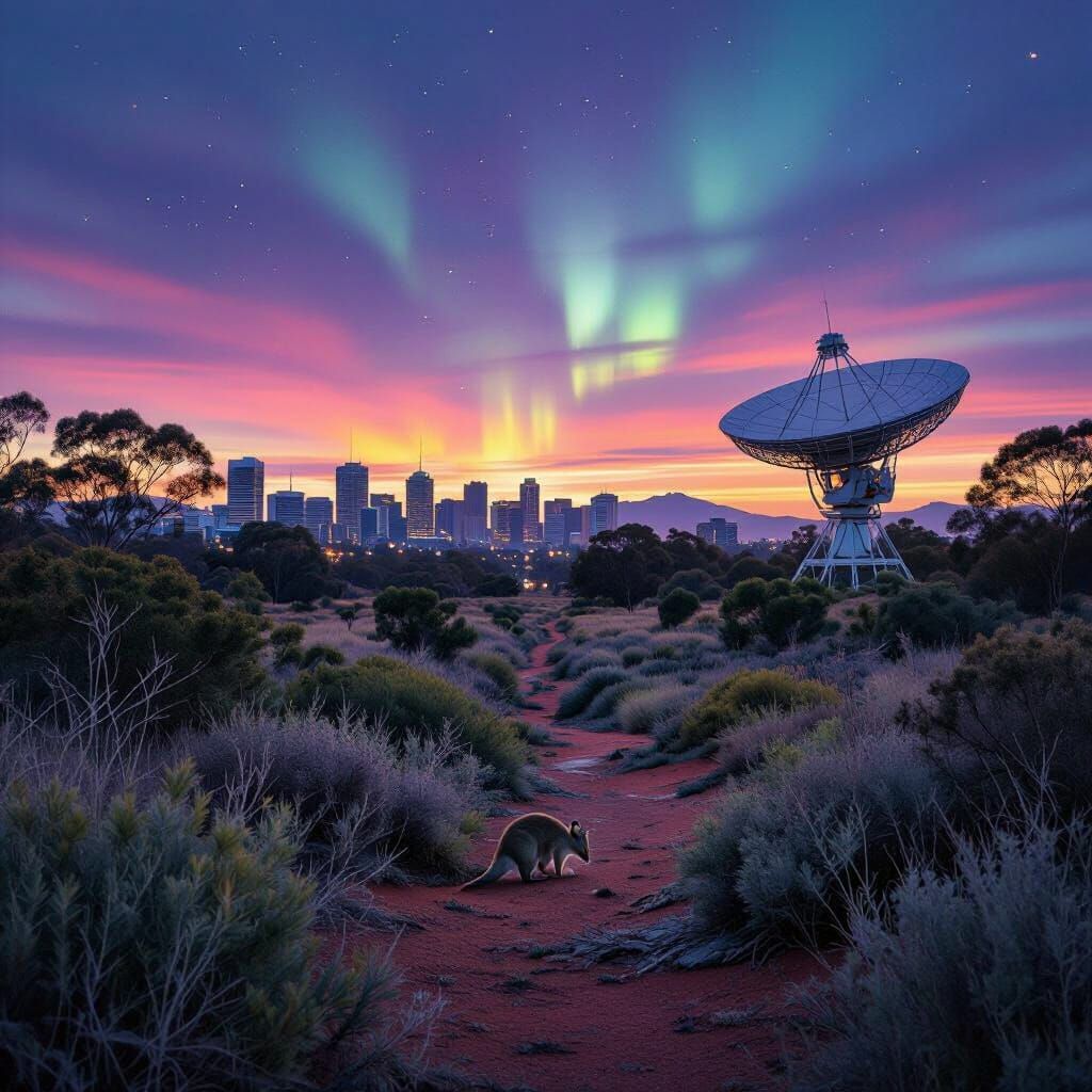 Dystopian Canberra Evening with Aurora and Bilby
