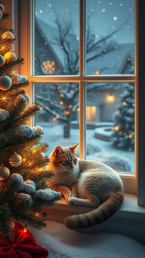 Cat in Winter Wonderland Window Scene with Cozy Christmas Tr...