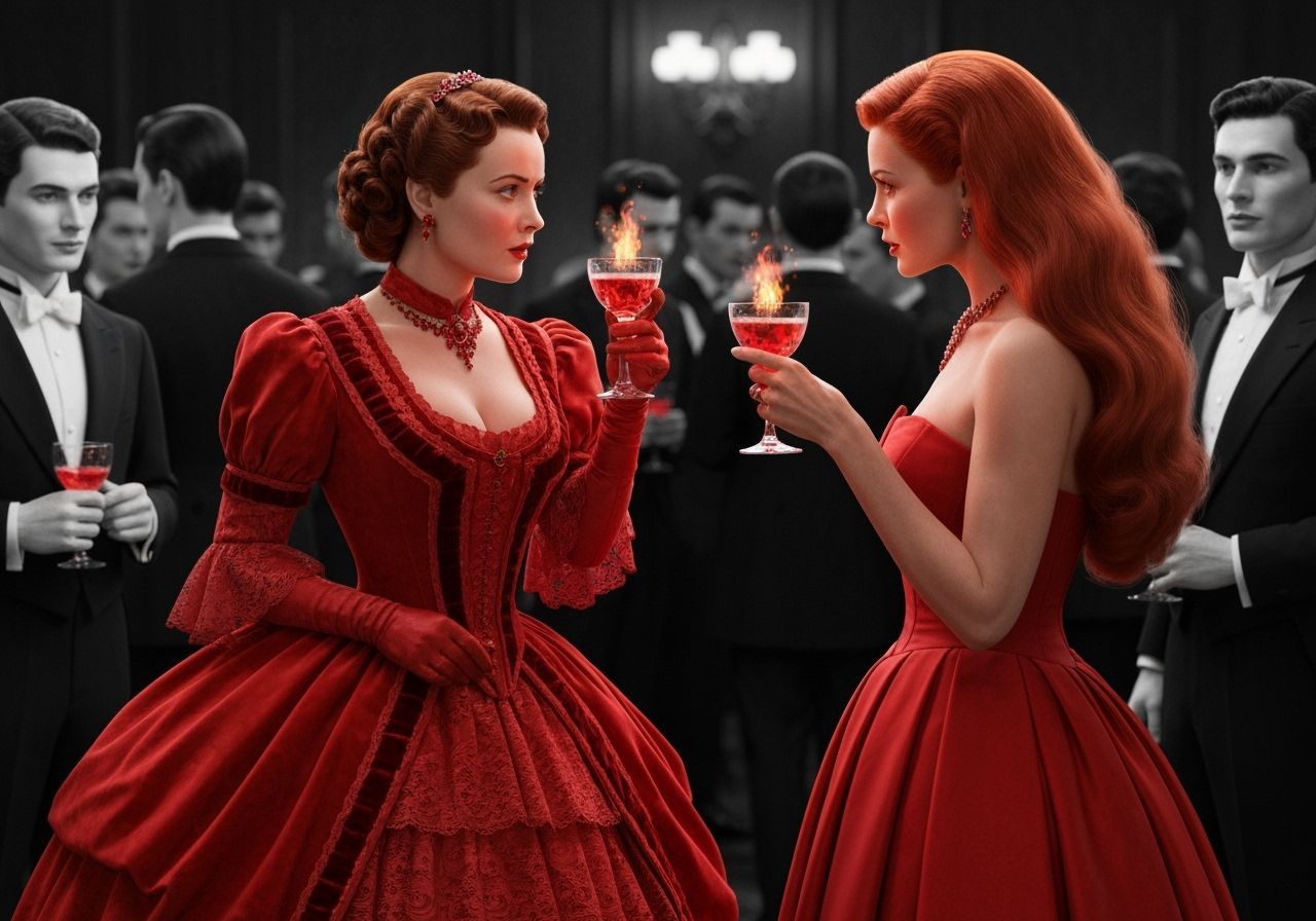 Rival Women in Red Gowns, Art Deco Style