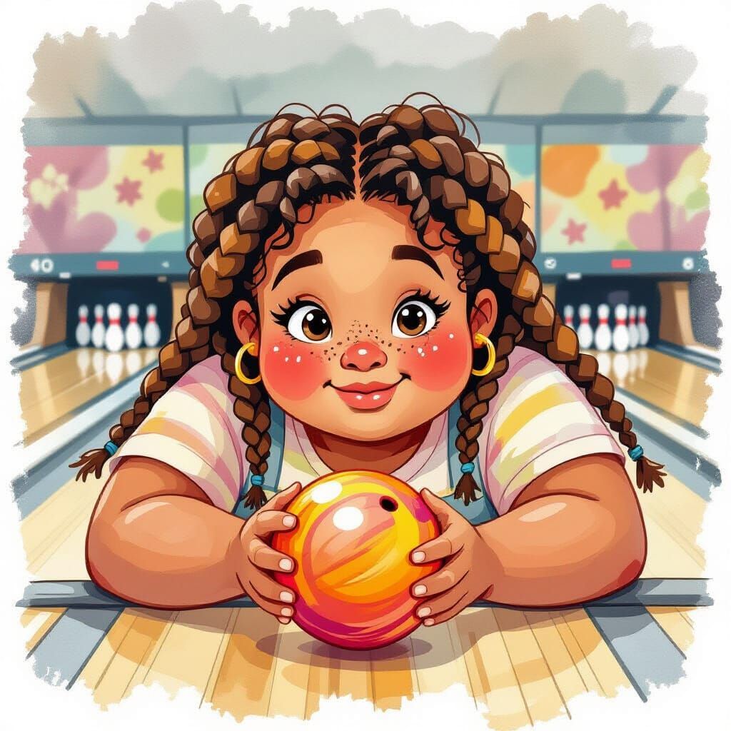 Girl Bowling with Friends in Watercolor Style