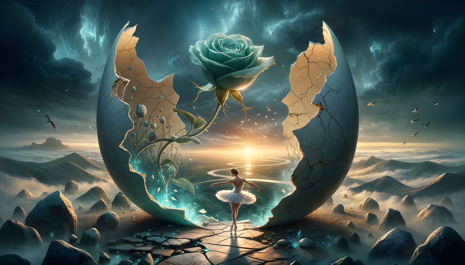 Ballerina's Surreal Journey in Cracked Eggshell