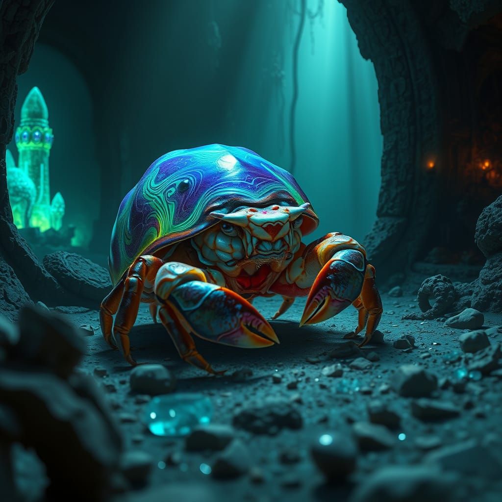 Bioluminescent Crab Exploring Sunken City Ruins