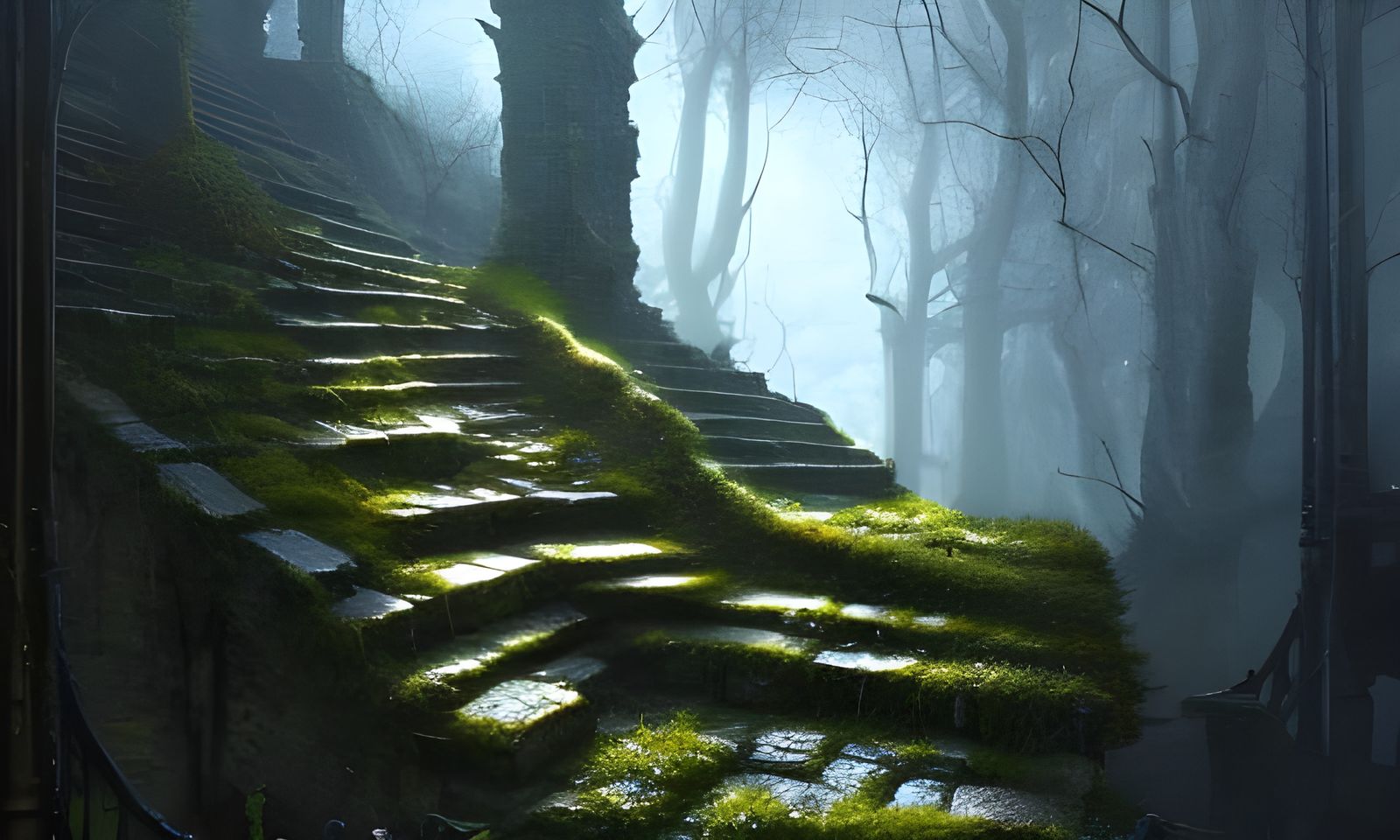 Mossy Stairs Into Abyss: Dark Fantasy Concept Art