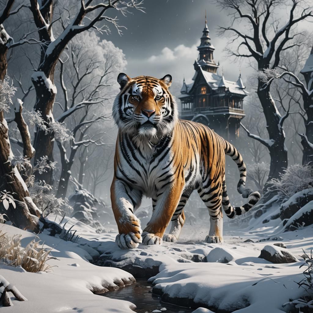 Fluffy Tiger in Snow, Black and White