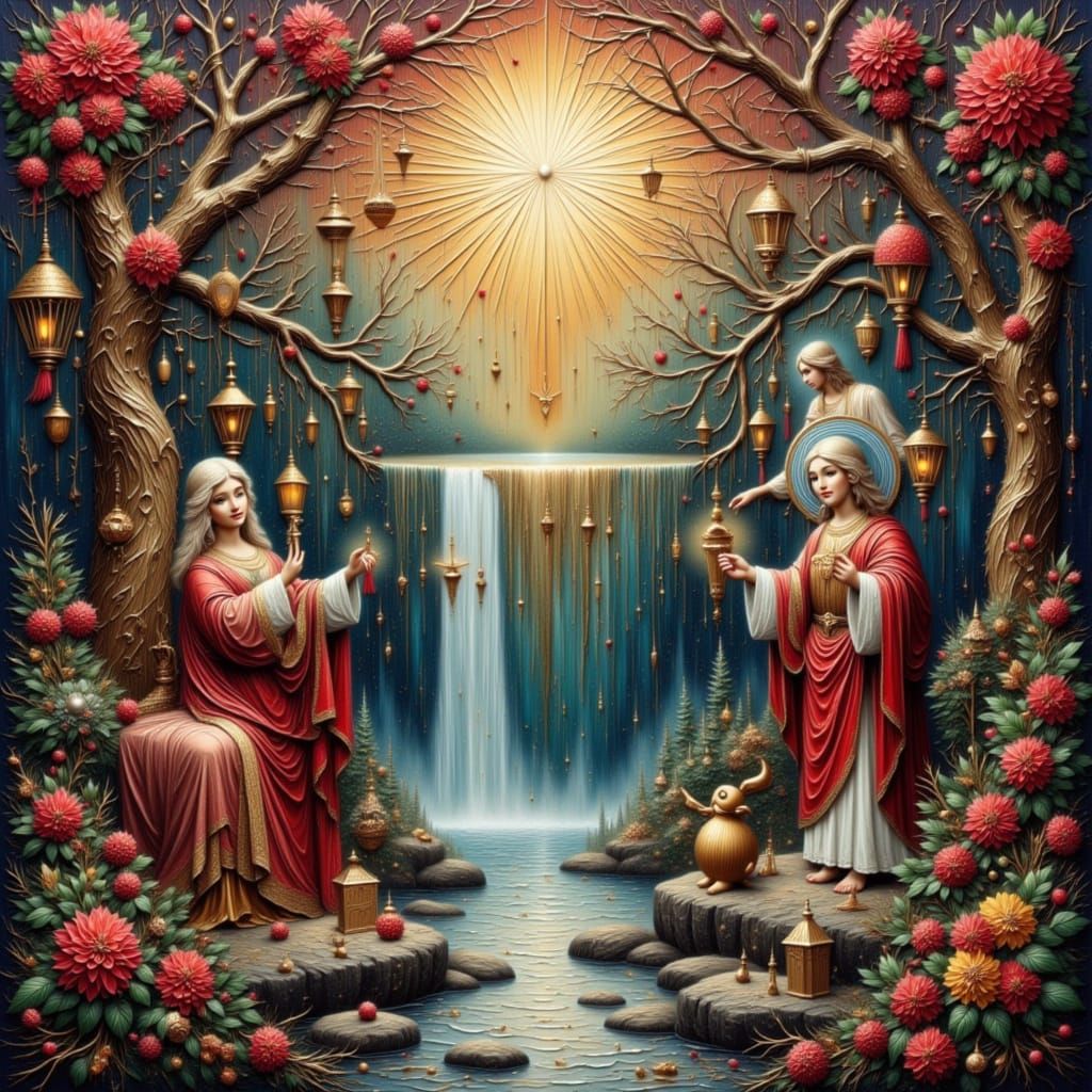 Surrealist scene featuring viburnum, Jesus, Mr. and Mrs. San...