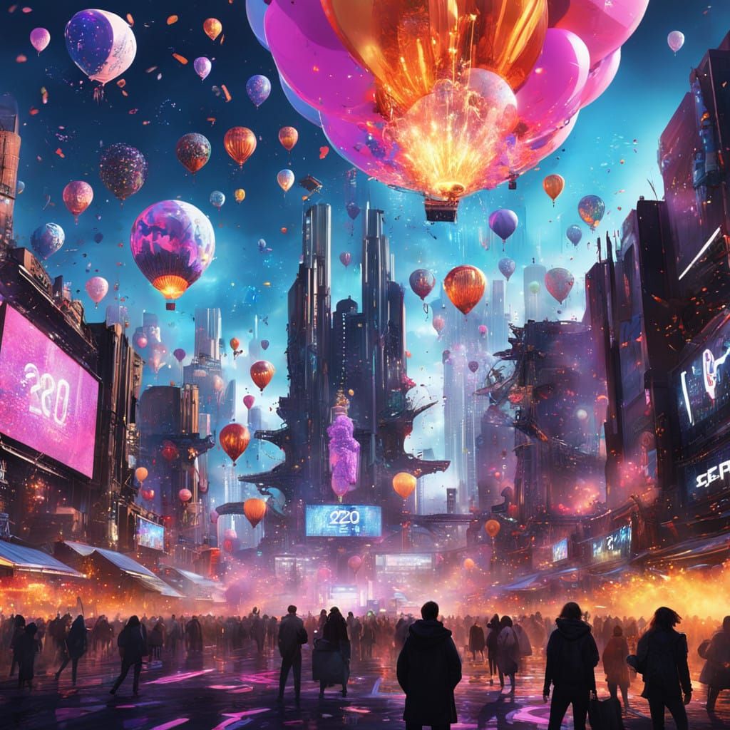 Futuristic New Year's Eve Cityscape with Diverse Gathering a...