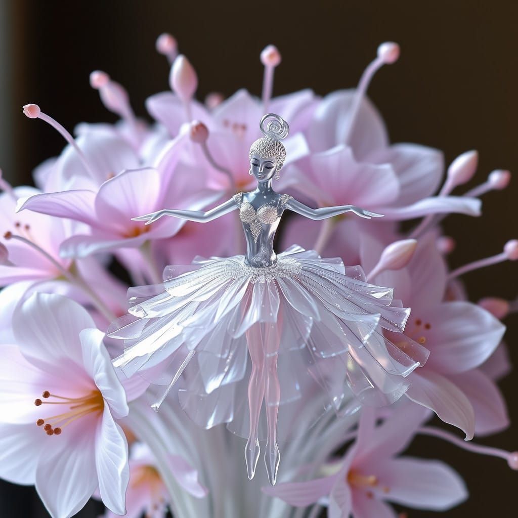 Glass Ballerina Amidst Glass Flowers in Dreamy, Ethereal Sty...