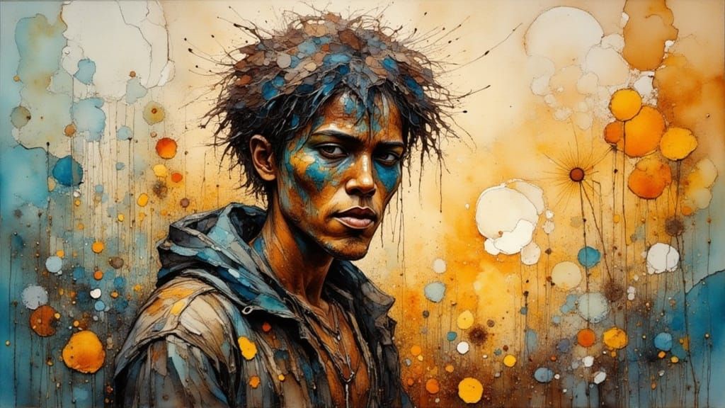 Boy Counting Coins in Expressive Poster Paint Style