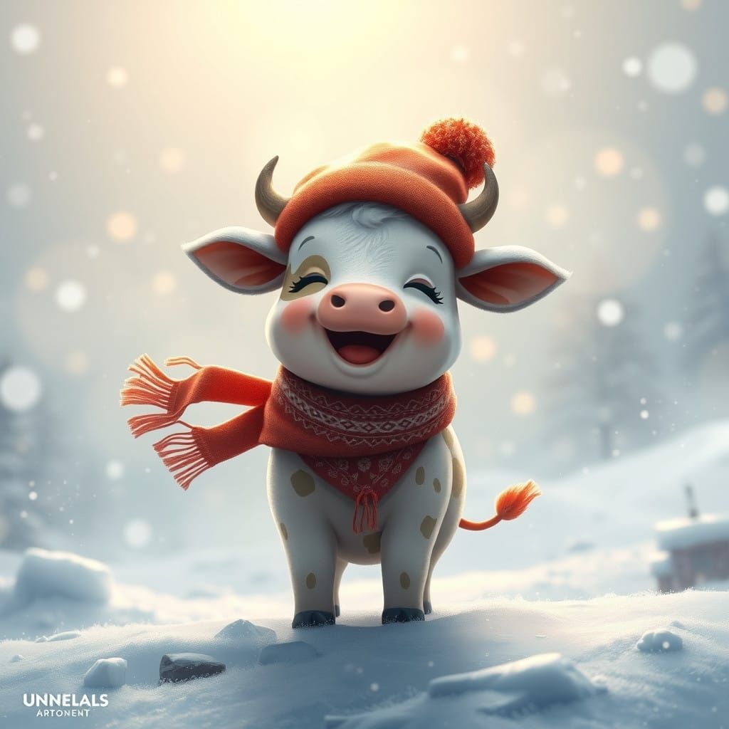 Whimsical Chibi Cow in Snowy Winter Wonderland