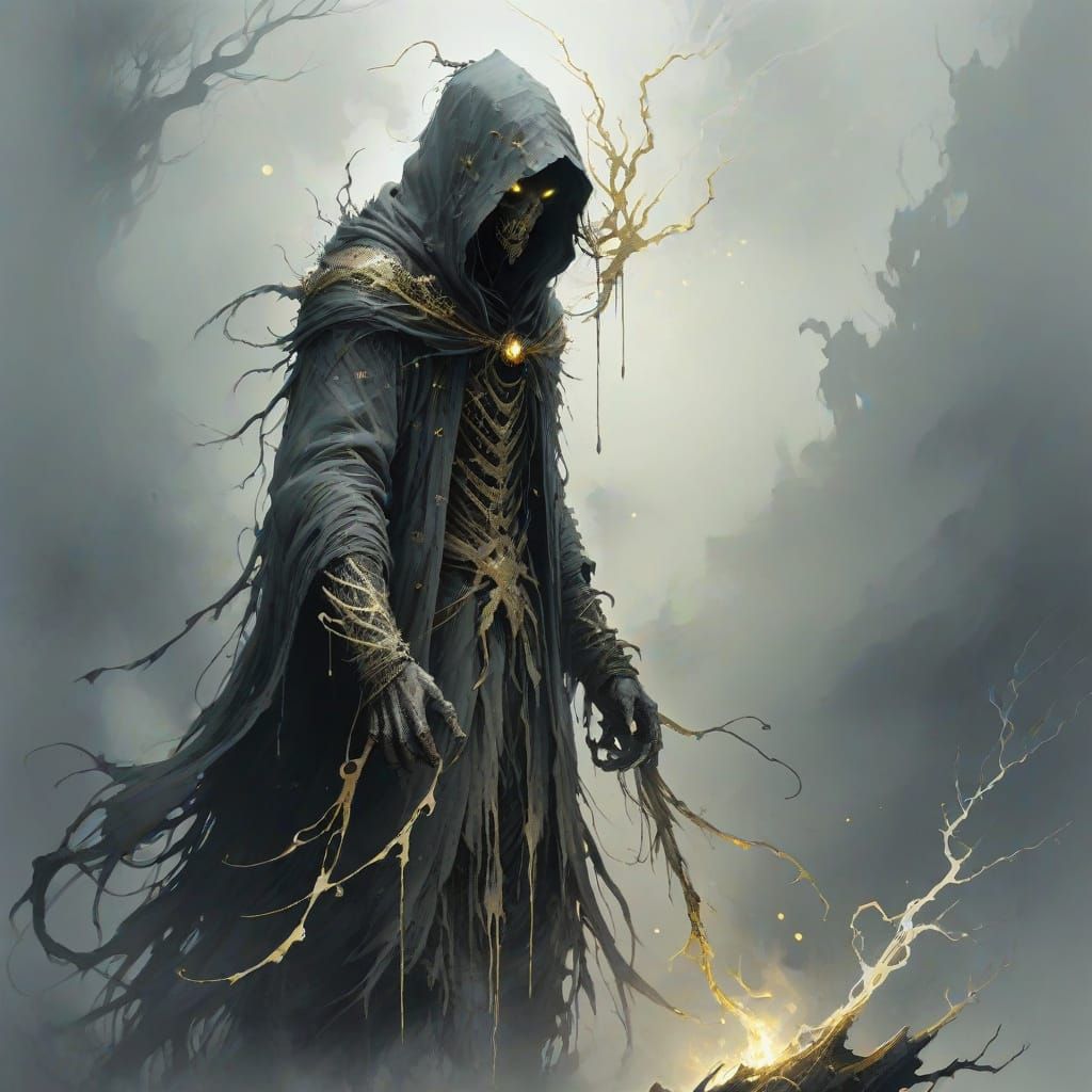 Eerie Hooded Figure in White Mist: Dark Fantasy Art