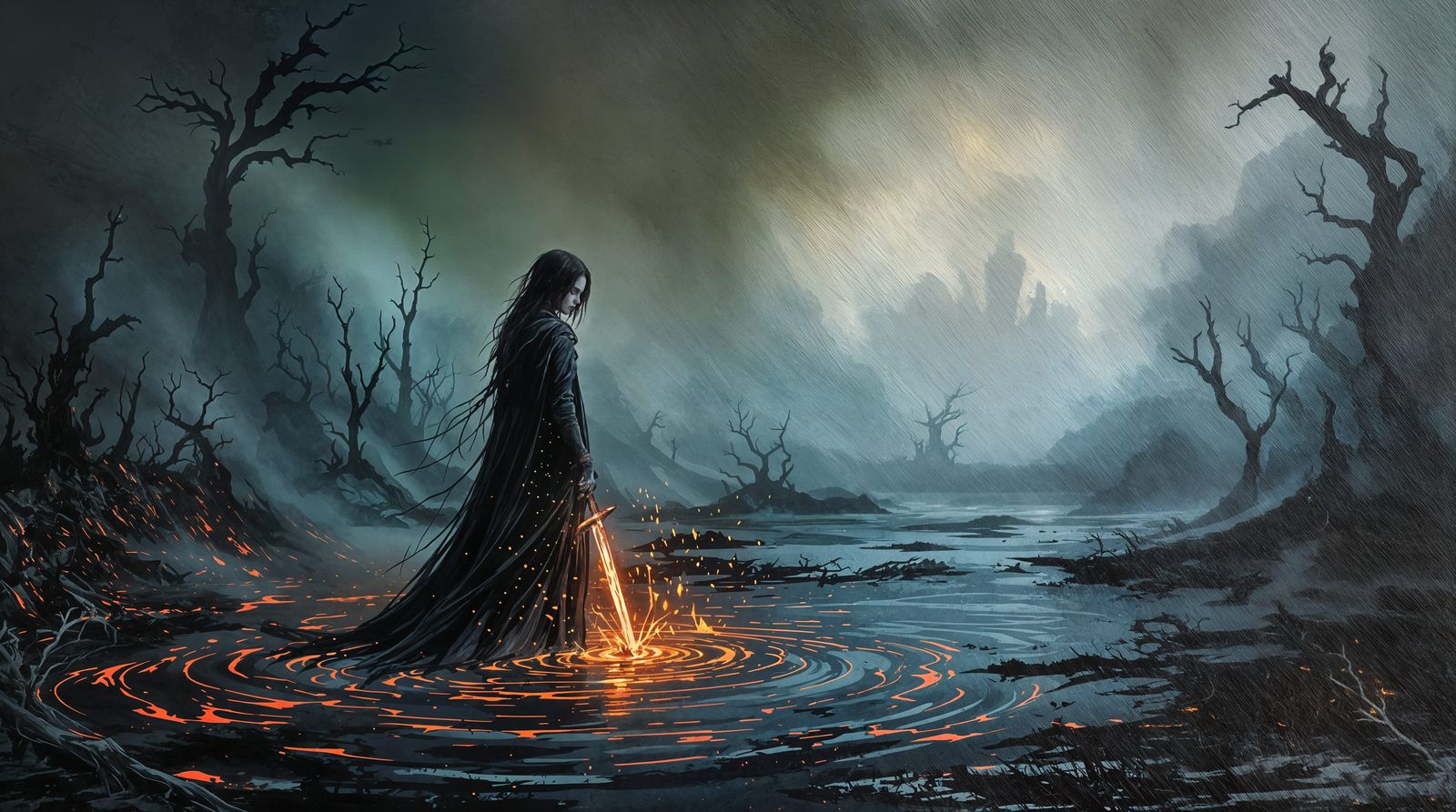 Spectral Witch Wades Through Haunting Bog Landscape