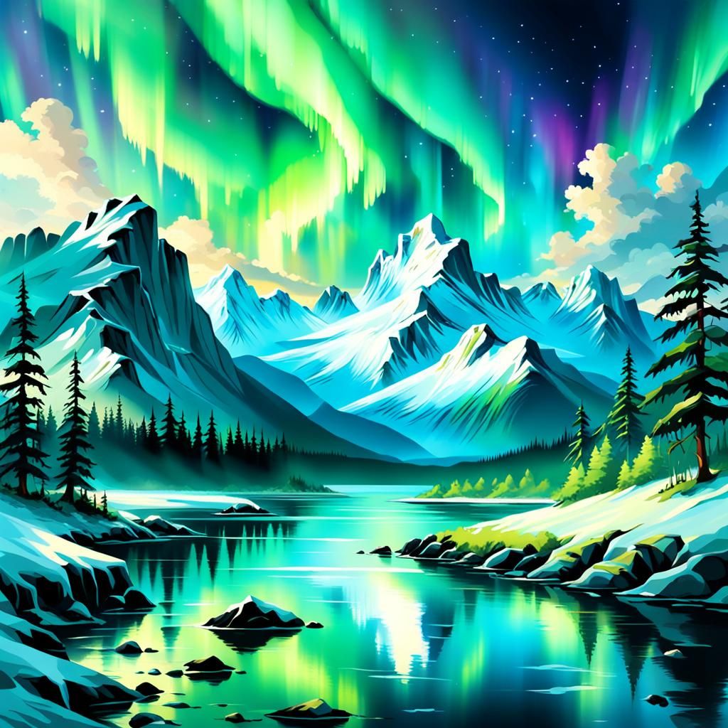 Northern Lights Over Mountains in Bob Ross Style