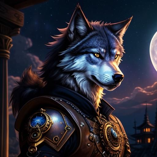 Steampunk Wolf Howling Under Starry Roman Sky