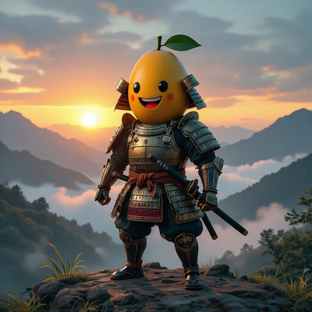 Mango Samurai in Ancient Armor, Hyperrealistic Film Still