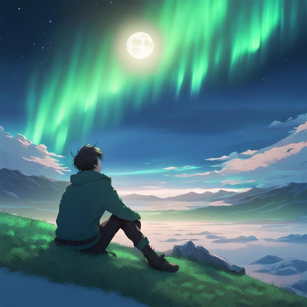 Man Gazing at Northern Lights, 3D Anime Art