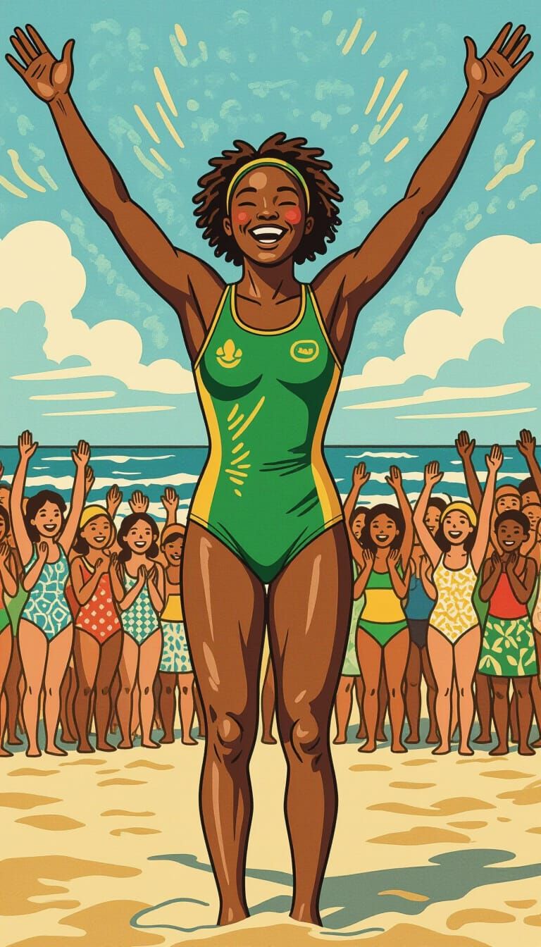 Victorious Swimmer Celebrates on Beach in Cartoon Style
