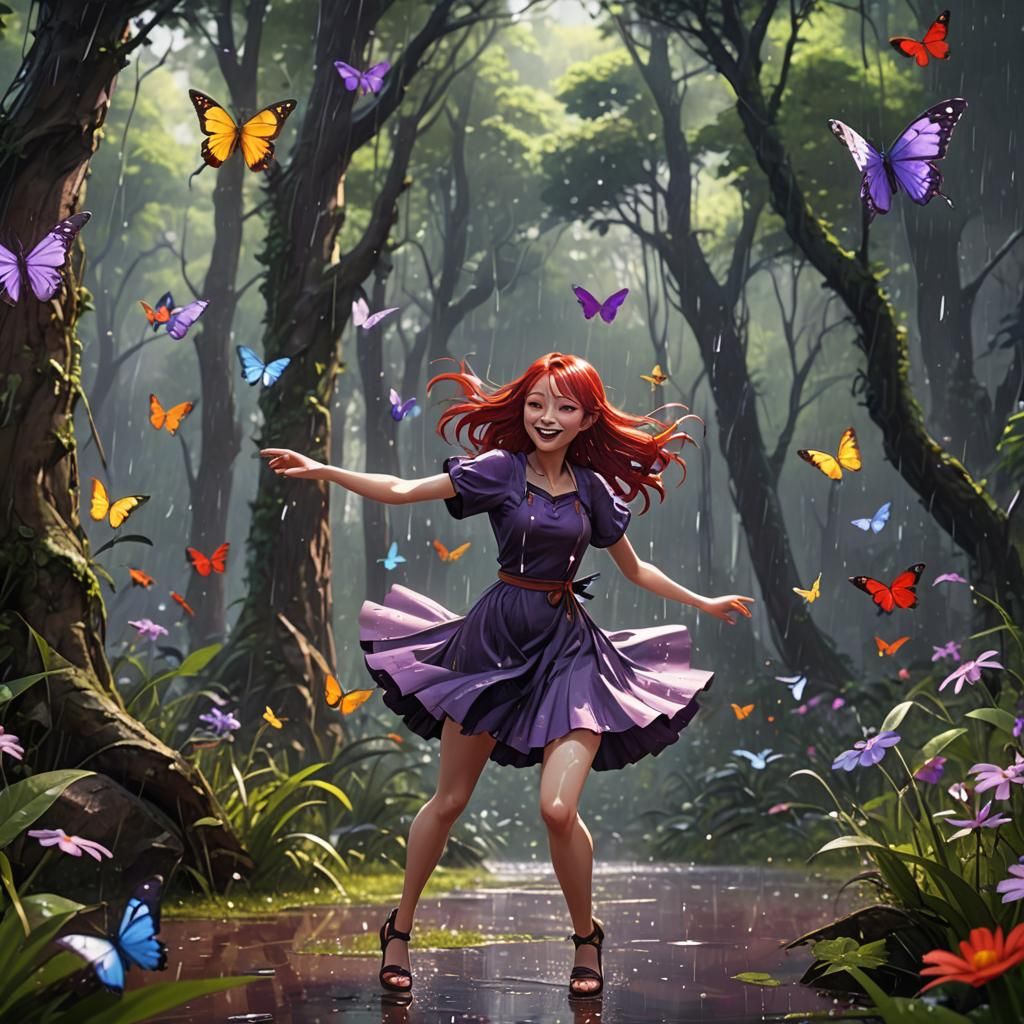 Anime Girl Dancing in Forest: Detailed Matte Painting