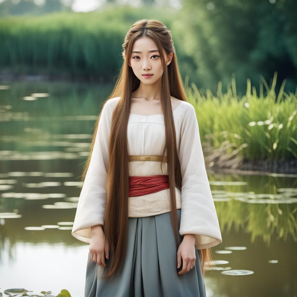 Long Haired Beauty by a Pond