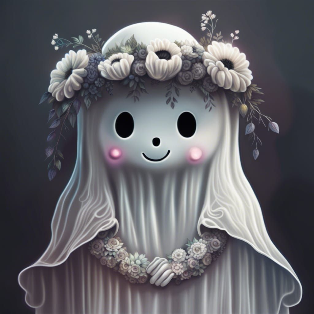 Cute Ghost with Flower Crown Drawing