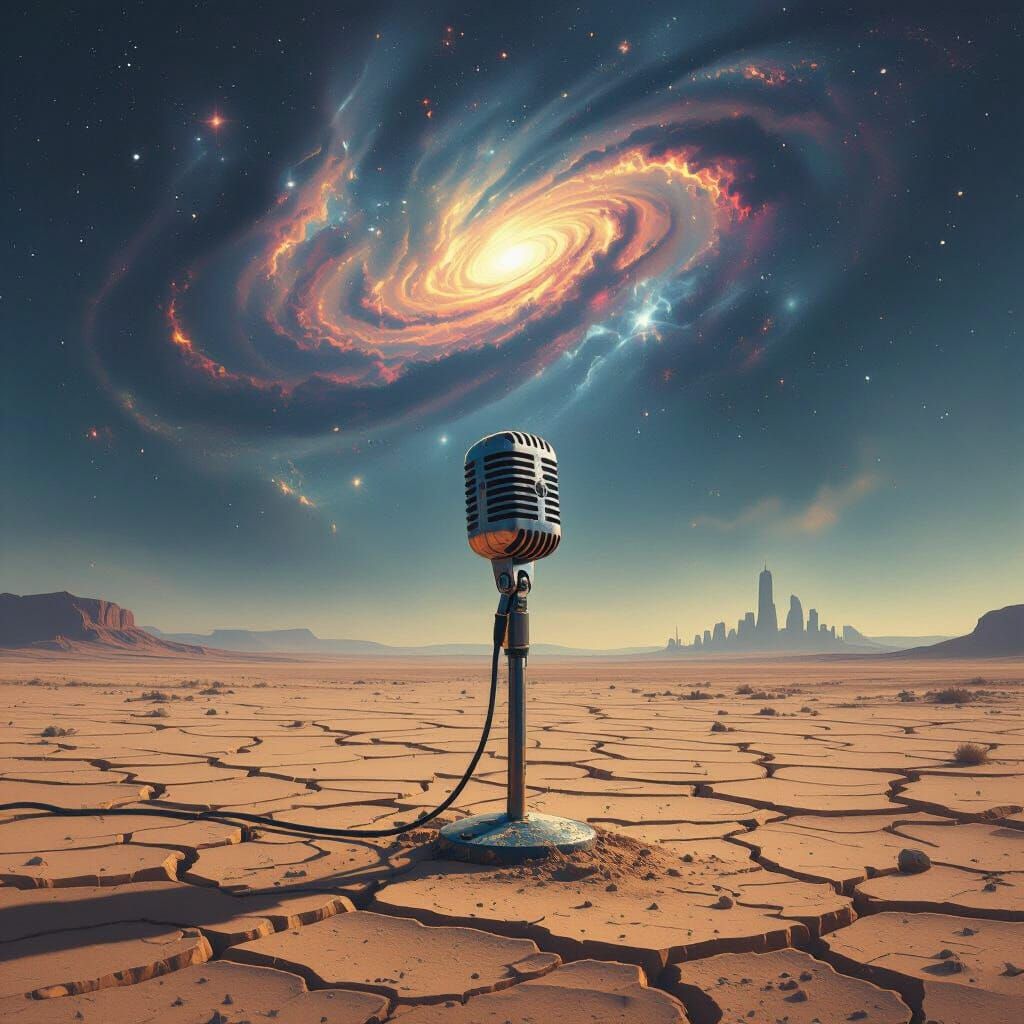 Lone Microphone on Desert Under Cosmic Sky