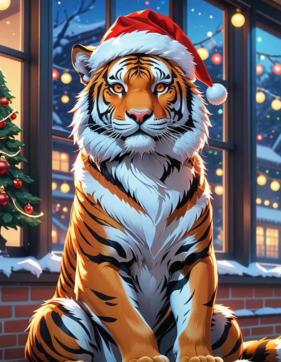Regal Tiger in Santa Hat: 3D Anime Art