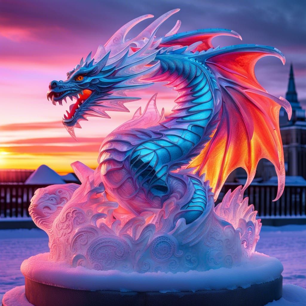 Ornate Ice Dragon Sculpture at Sunset