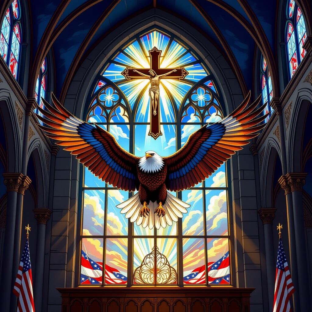 Majestic Stained Glass Eagle Window in Gothic Church