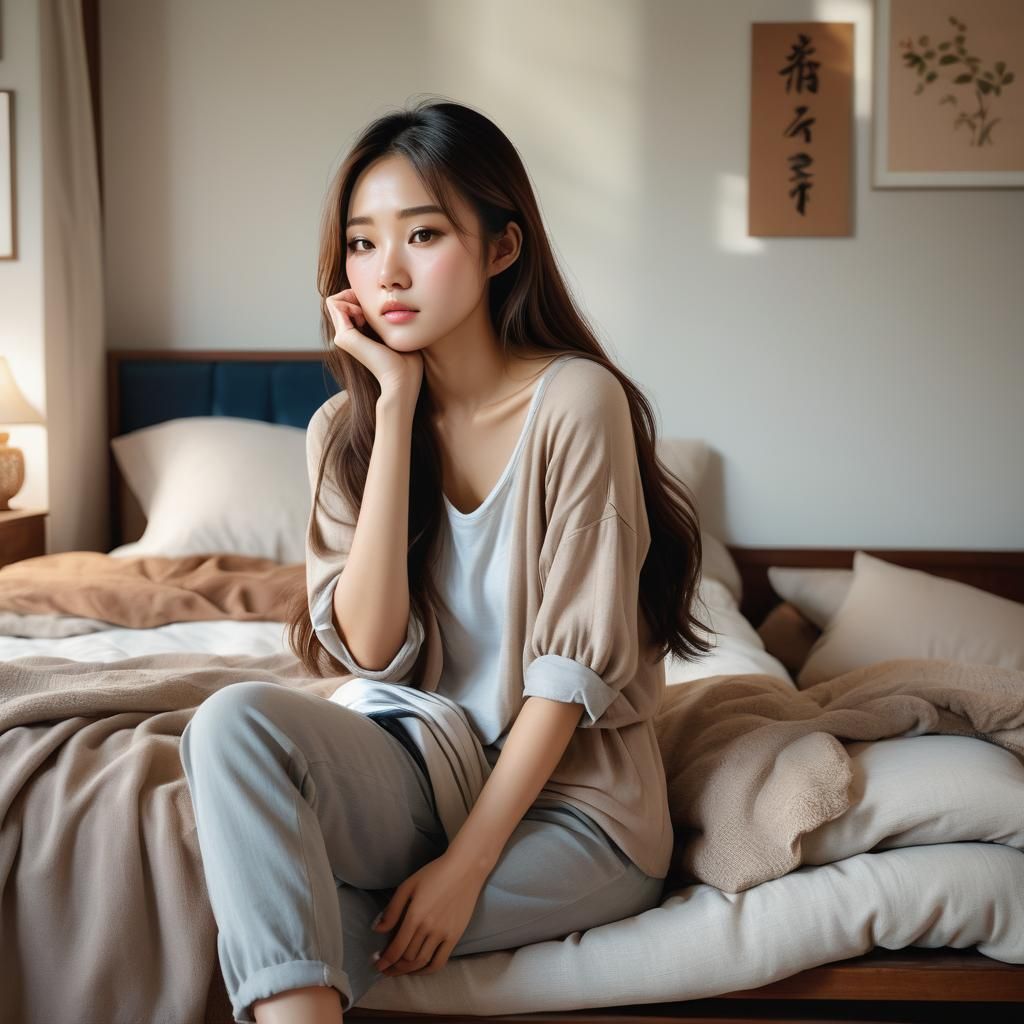 Contemplative Girl in Cozy Bedroom: Anime Style