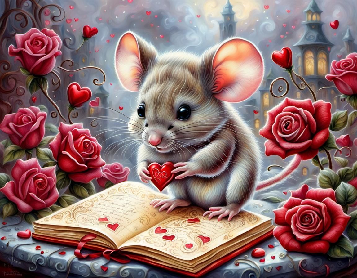 Cute Mouse with Valentine's Gifts in Ethereal Style