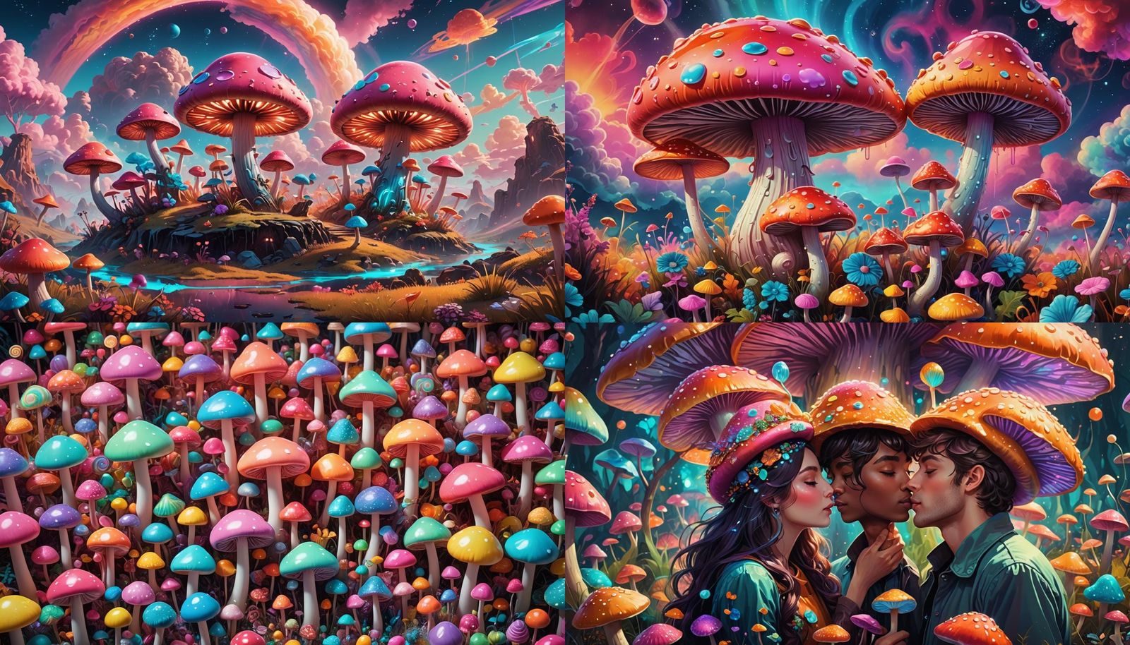 Vibrant Candy Planet with Mushrooms and Circle Kissing in Ne...