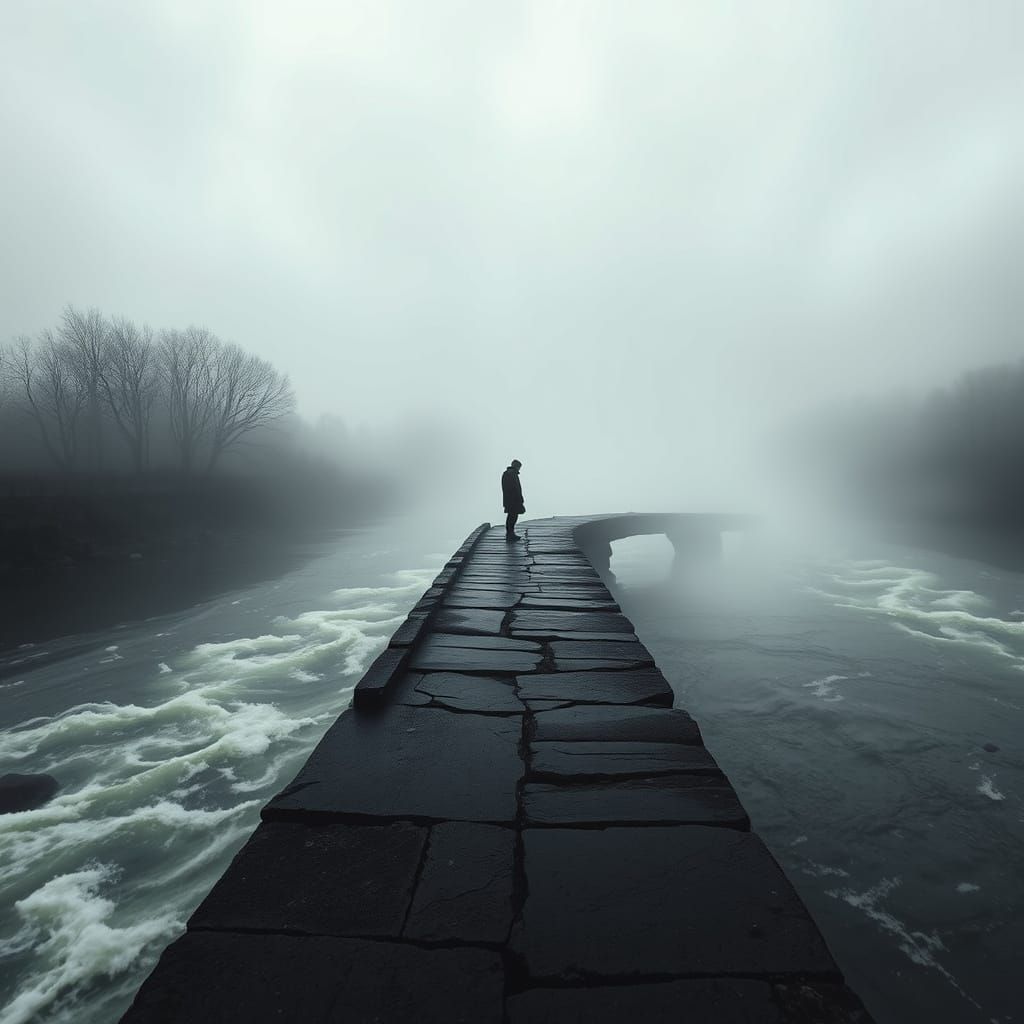Contemplative Figure on a Serene, Turbulent Bridge in a Mood...