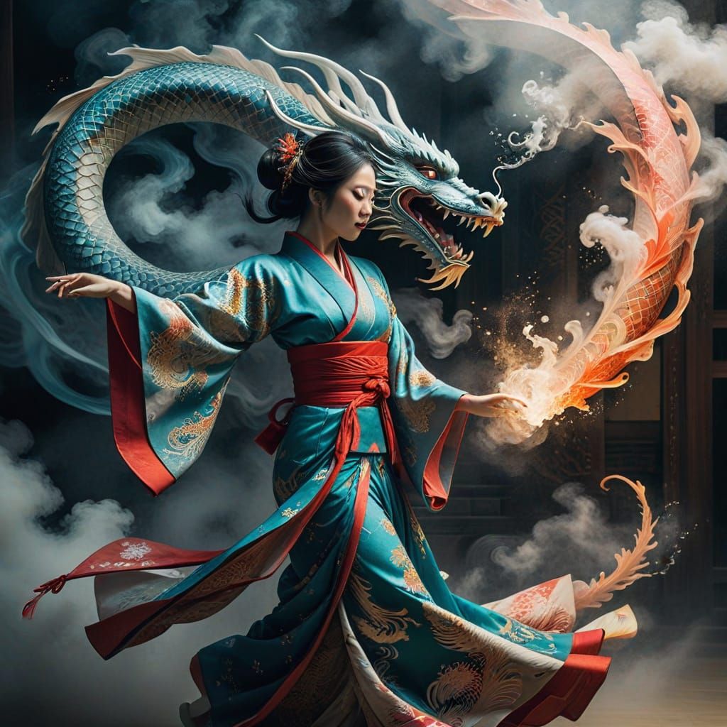 Japanese Fan Dancer With Dragon In Ukiyo-e Style
